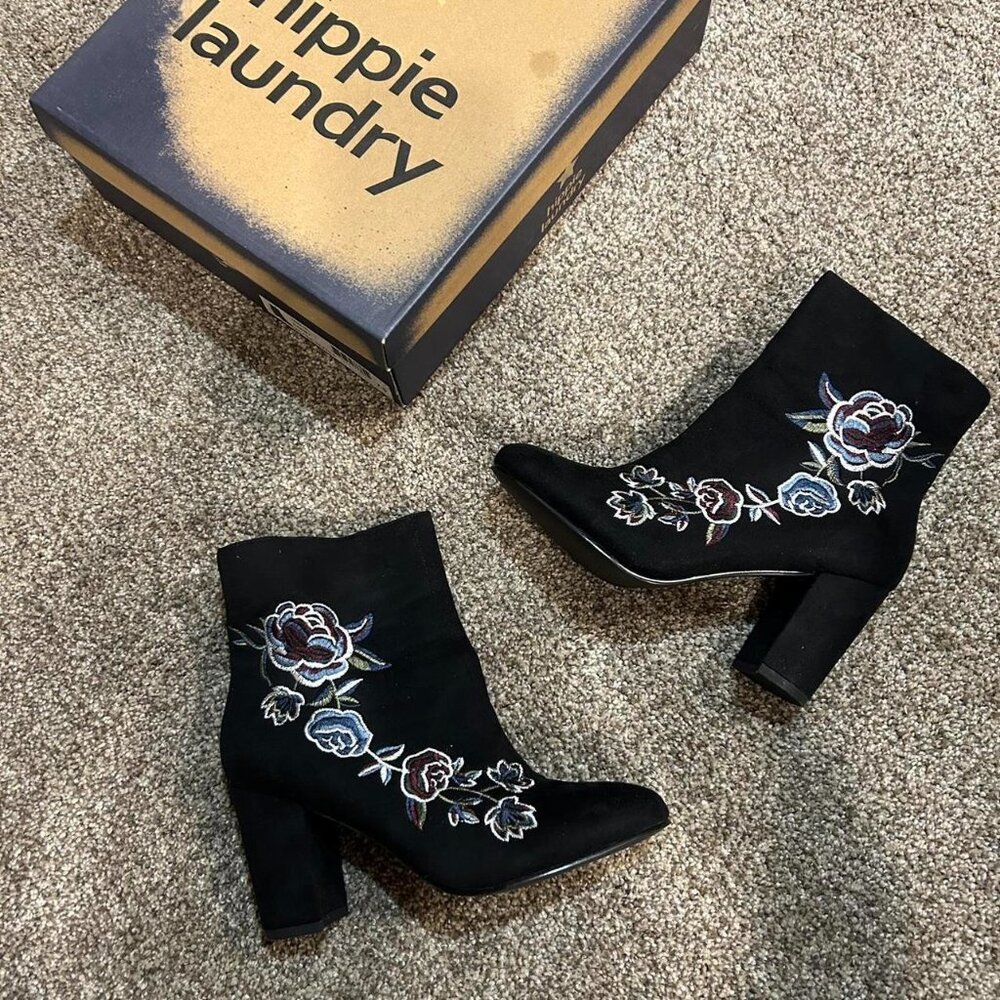 Hippie Laundry black suede ankle booties with embroidered flowers